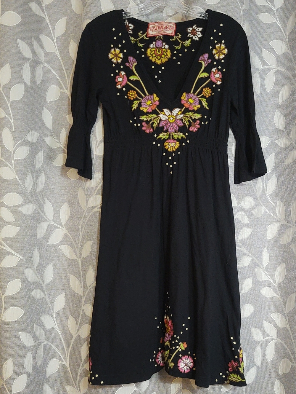 Johnny Was Embroidered Black Floral V-Neck Women’s Cotton Dress size S